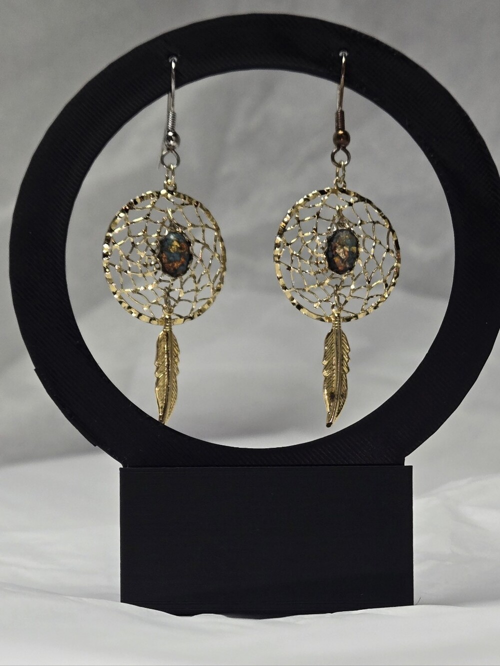 Golden Dreamcatcher Feather Faux Foil  Fire Opal Accent Drop Earrings